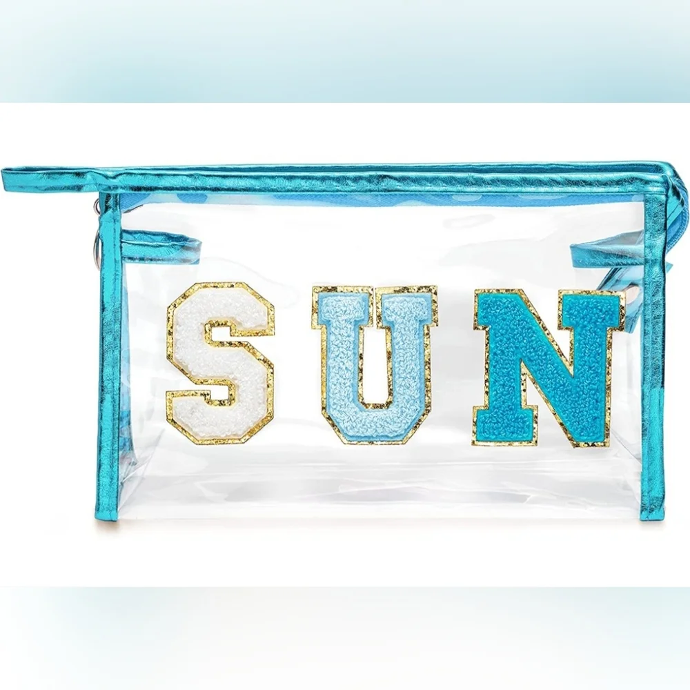 NEW SUN Varsity Letter Cosmetic Makeup Bag Felt Letters on Clear PVC